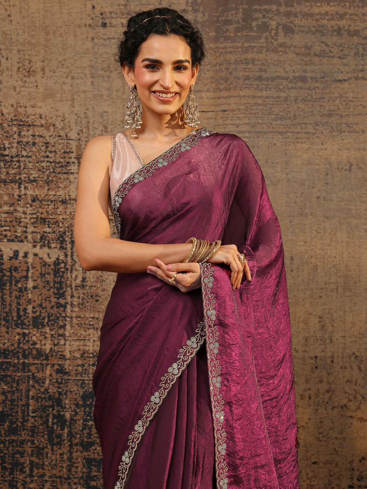 Burgundy Solid Satin Saree With Unstitched Blouse Piece