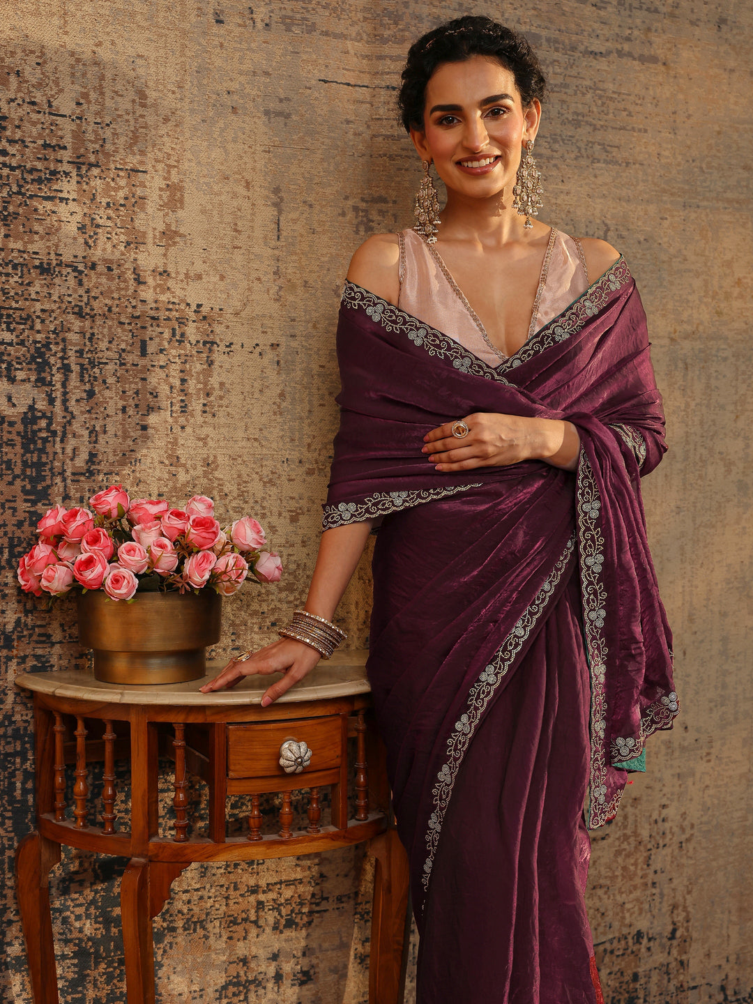Burgundy Solid Satin Saree With Unstitched Blouse Piece