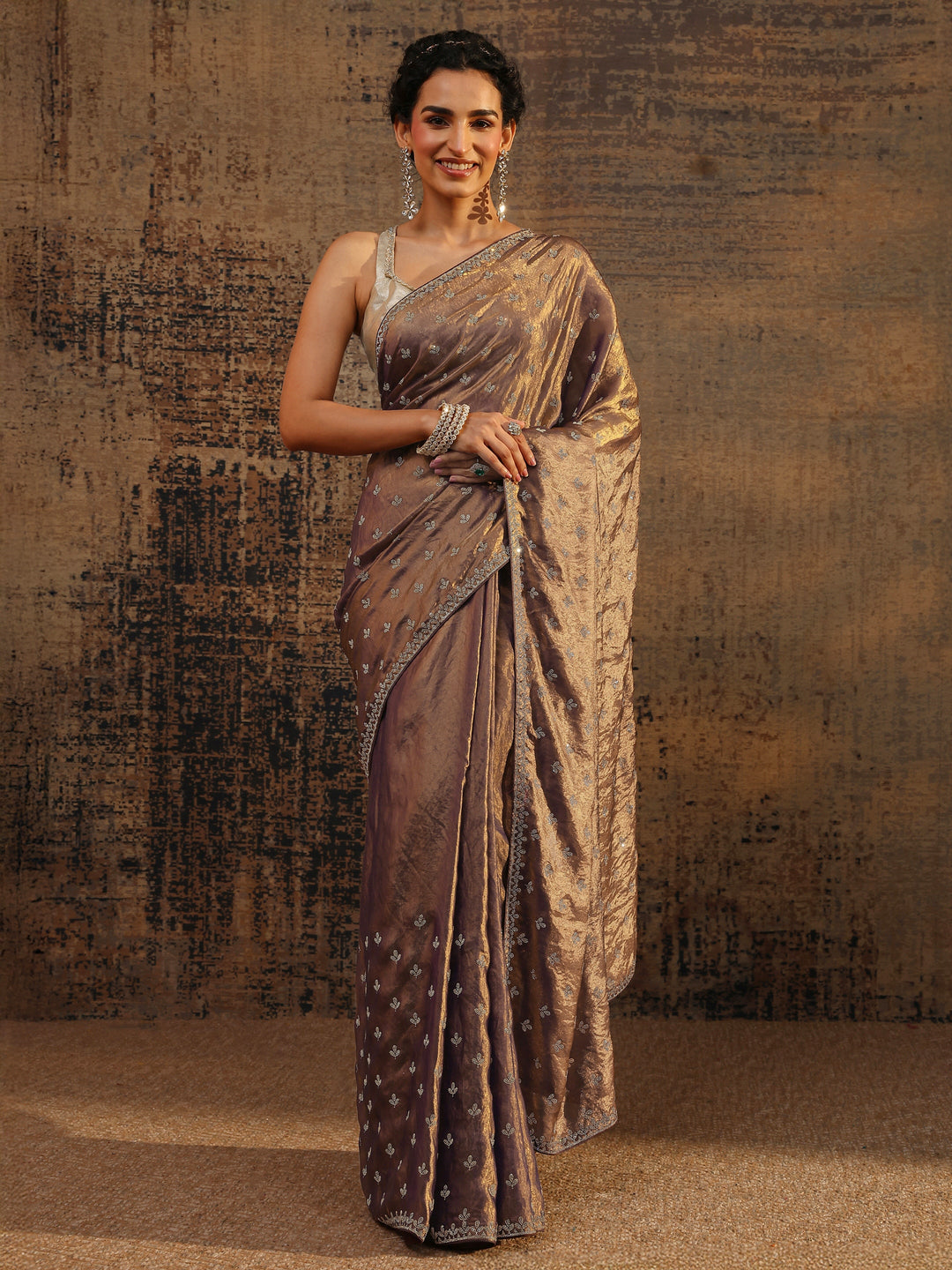 Brown Floral Embellished Satin Saree With Unstitched Blouse Piece