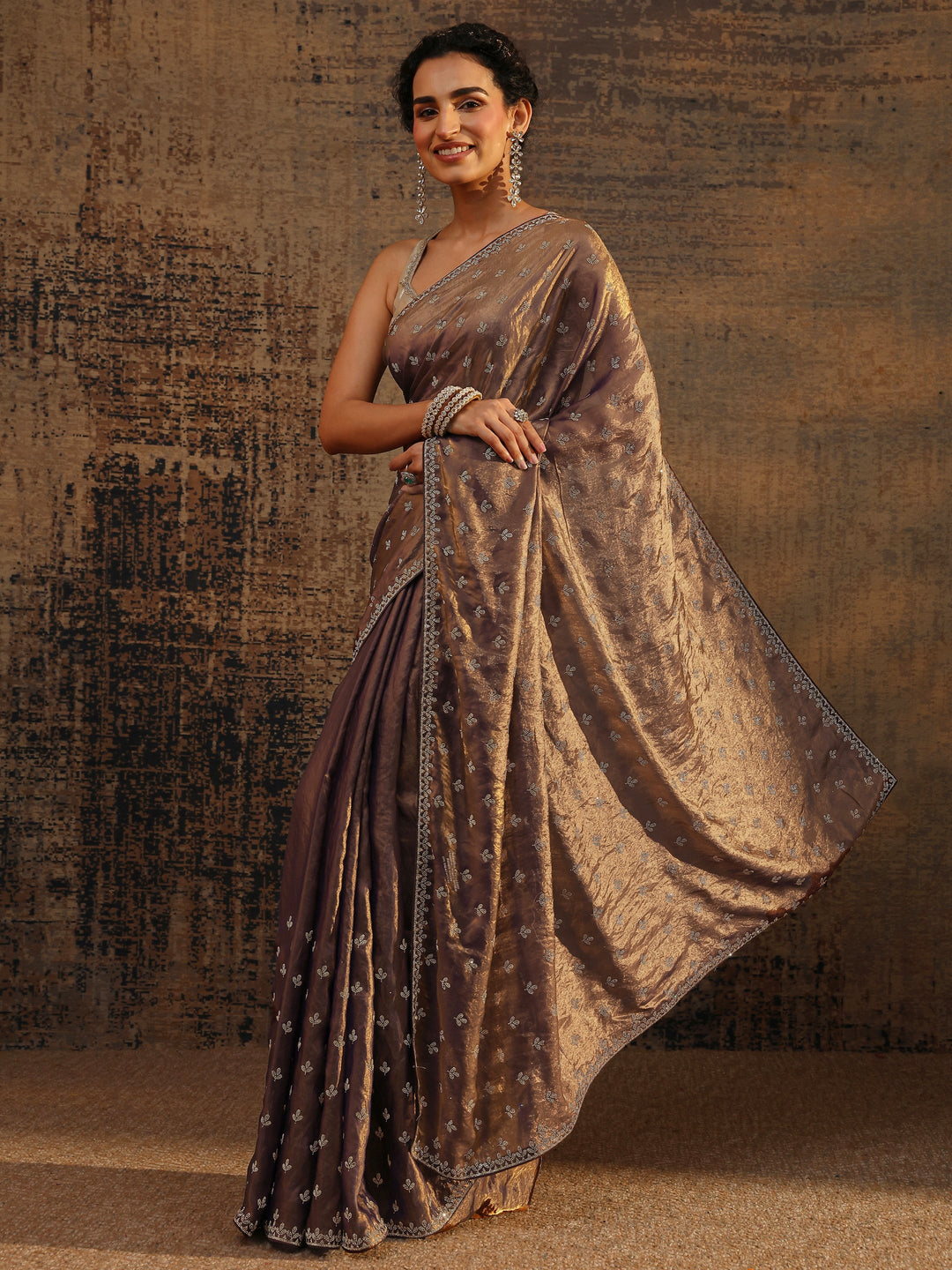 Brown Floral Embellished Satin Saree With Unstitched Blouse Piece