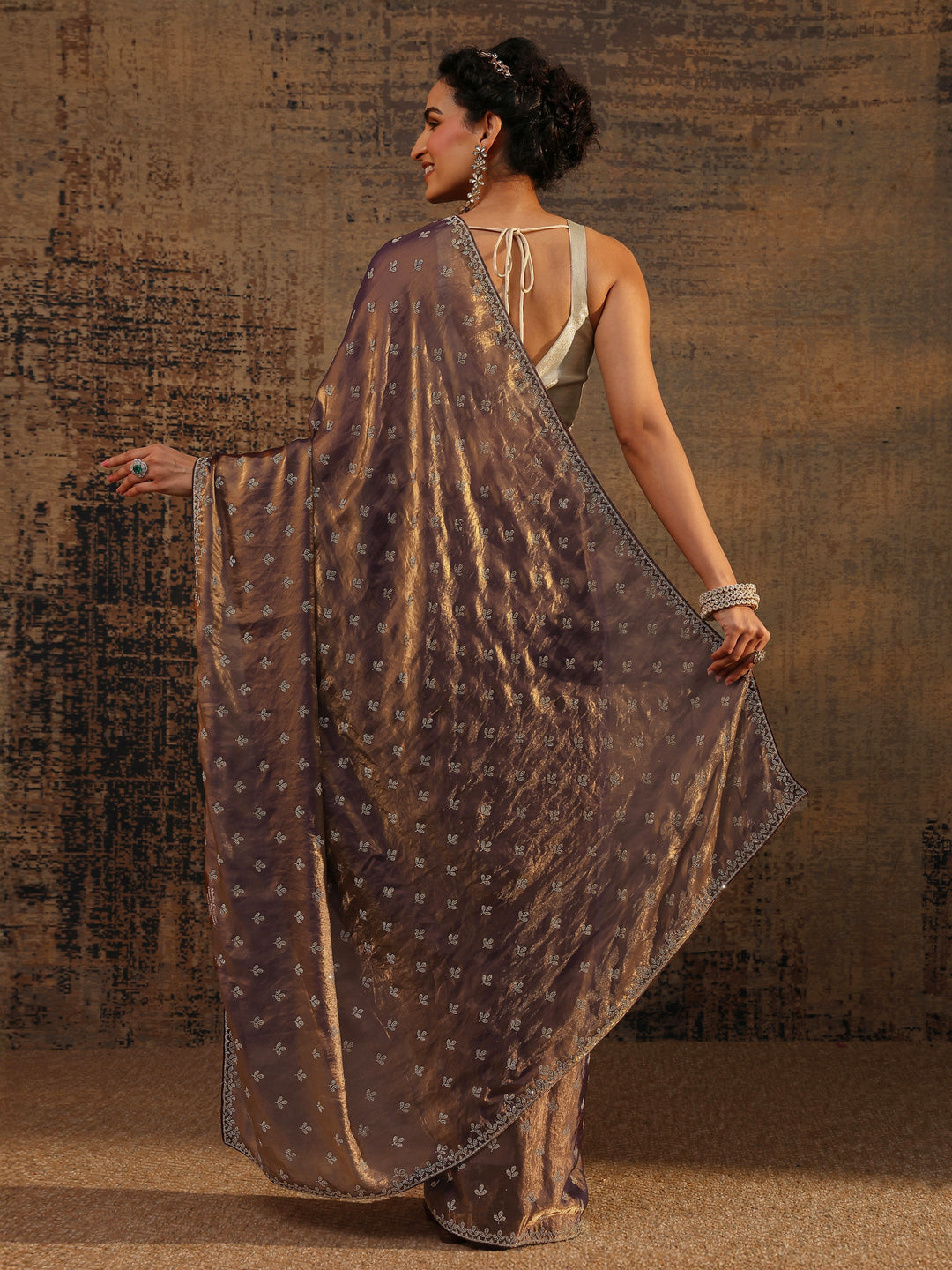 Brown Floral Embellished Satin Saree With Unstitched Blouse Piece
