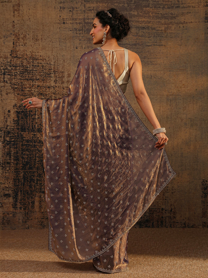 Brown Floral Embellished Satin Saree With Unstitched Blouse Piece