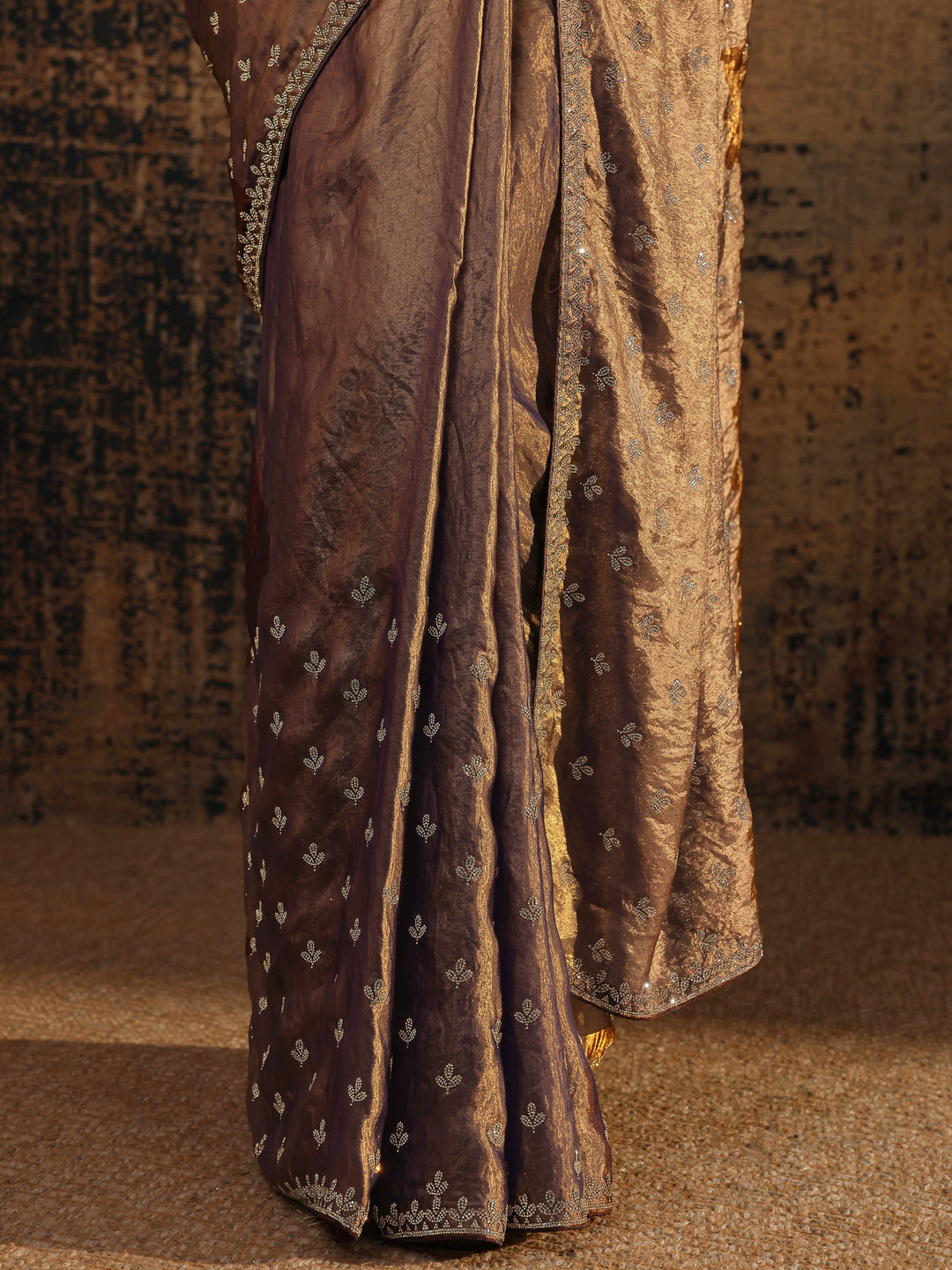 Brown Floral Embellished Satin Saree With Unstitched Blouse Piece