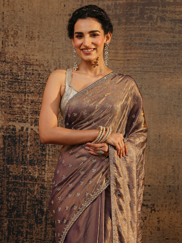 Brown Floral Embellished Satin Saree With Unstitched Blouse Piece
