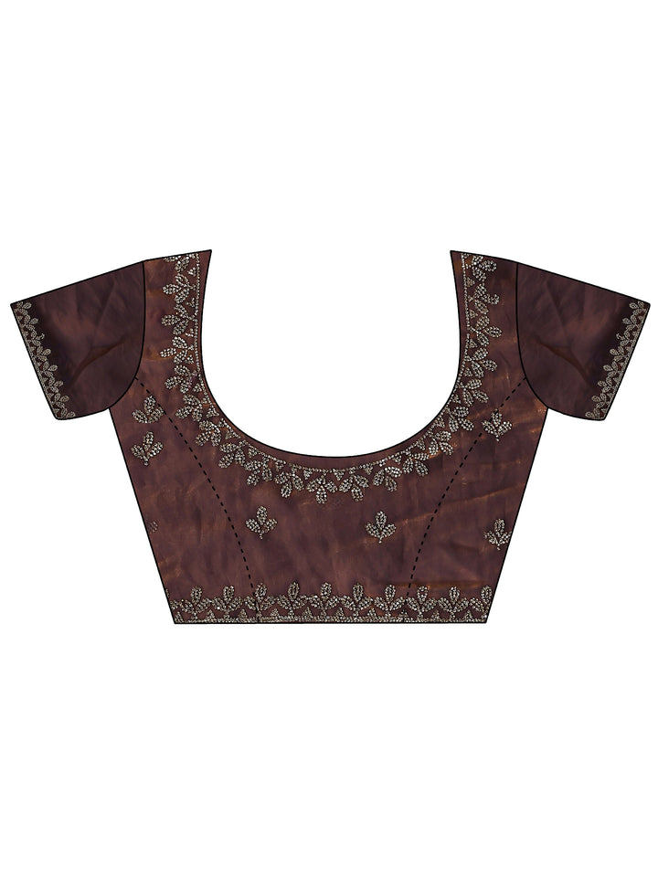 Brown Floral Embellished Satin Saree With Unstitched Blouse Piece