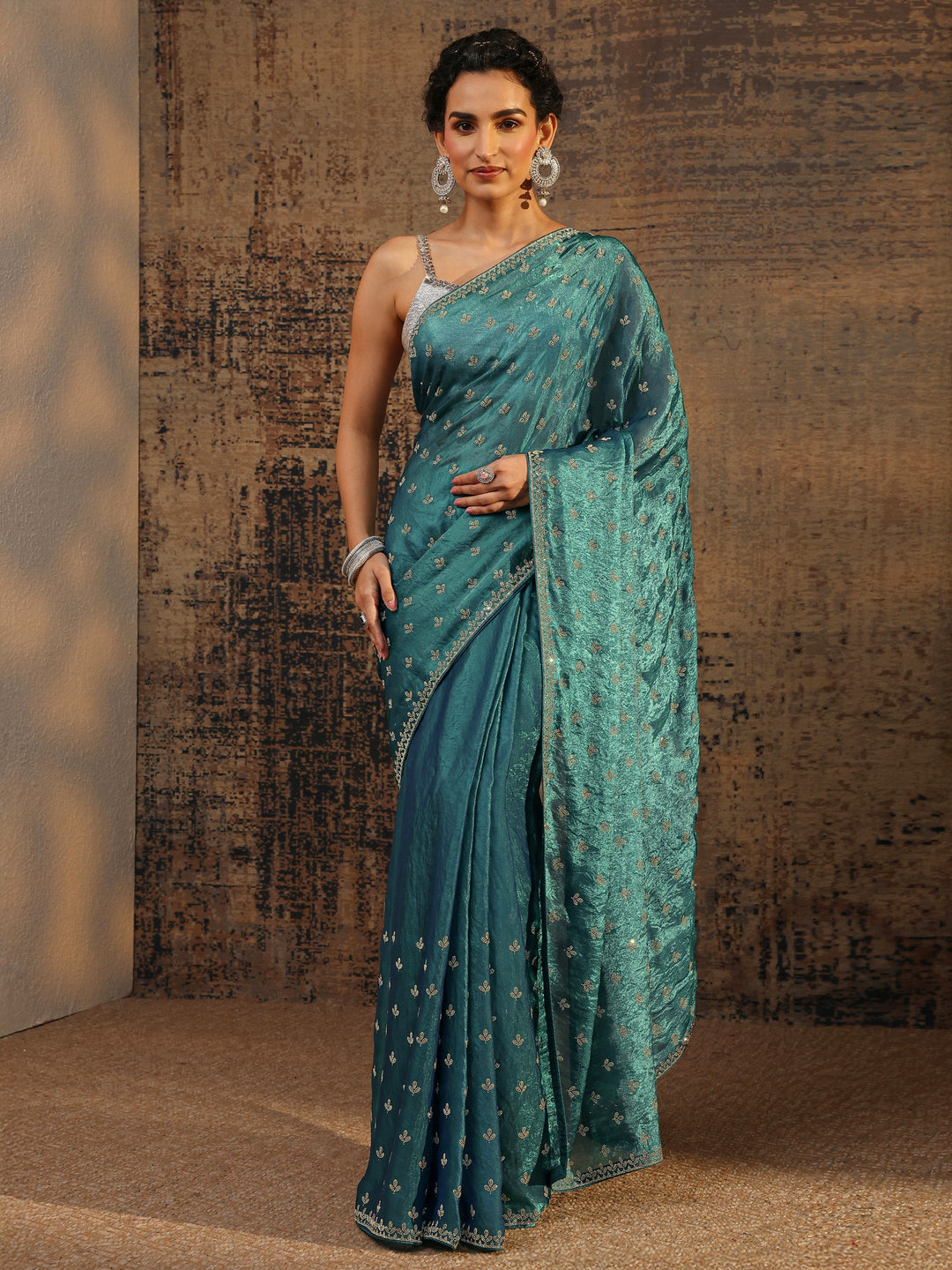Blue Floral Embellished Satin Saree With Unstitched Blouse Piece