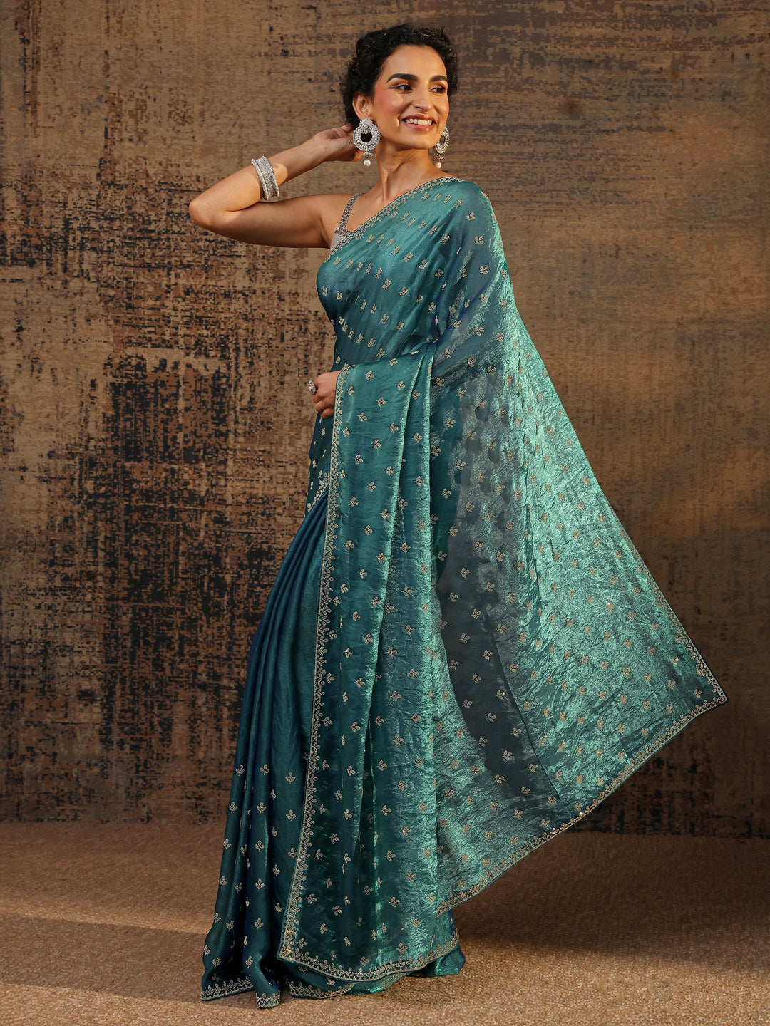 Blue Floral Embellished Satin Saree With Unstitched Blouse Piece