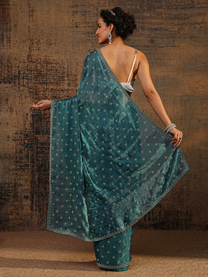 Blue Floral Embellished Satin Saree With Unstitched Blouse Piece