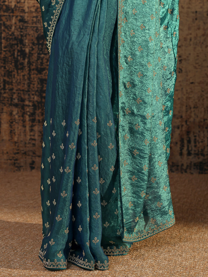 Blue Floral Embellished Satin Saree With Unstitched Blouse Piece
