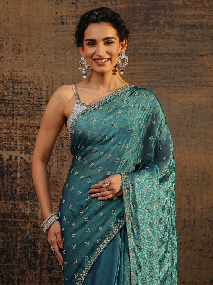 Blue Floral Embellished Satin Saree With Unstitched Blouse Piece