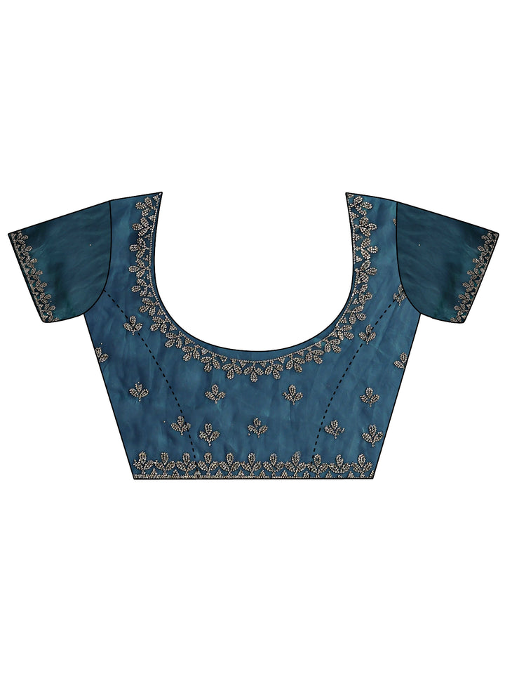 Blue Floral Embellished Satin Saree With Unstitched Blouse Piece