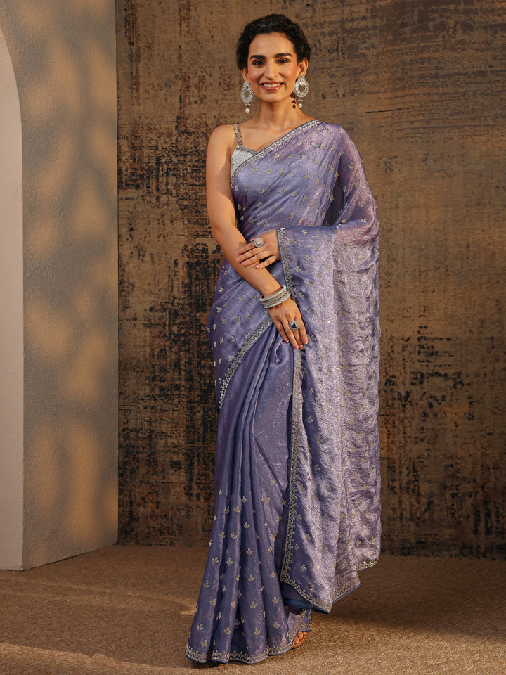 Lavender Floral Embellished Satin Saree With Unstitched Blouse Piece