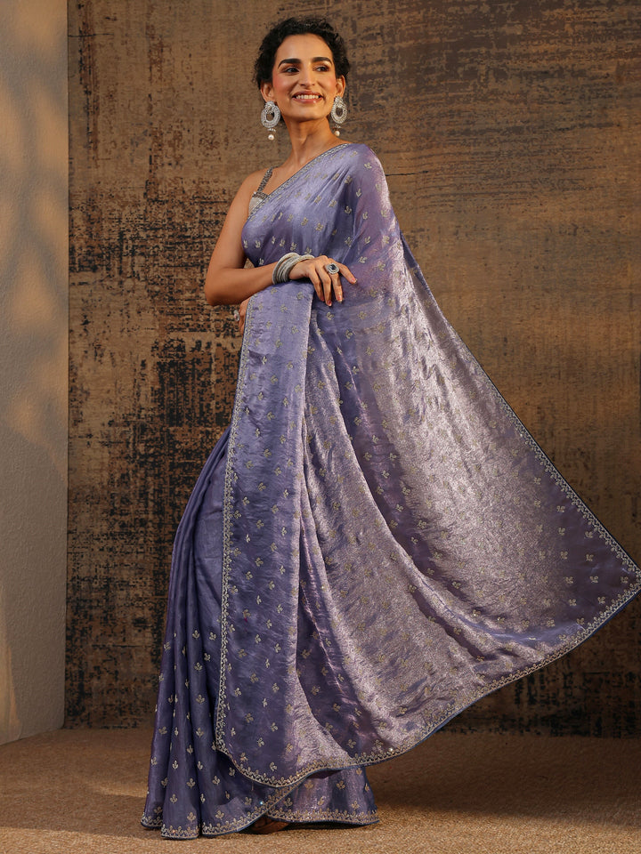 Lavender Floral Embellished Satin Saree With Unstitched Blouse Piece