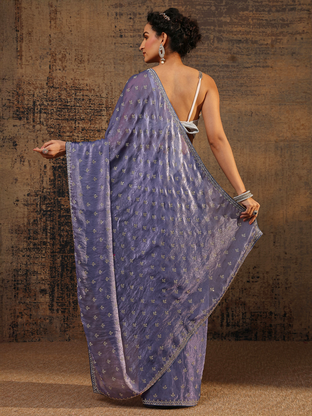 Lavender Floral Embellished Satin Saree With Unstitched Blouse Piece