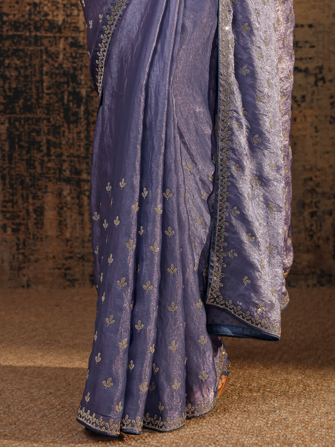 Lavender Floral Embellished Satin Saree With Unstitched Blouse Piece