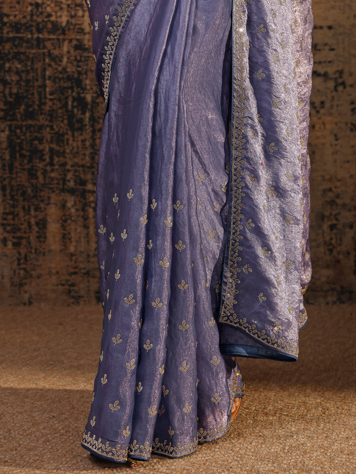 Lavender Floral Embellished Satin Saree With Unstitched Blouse Piece