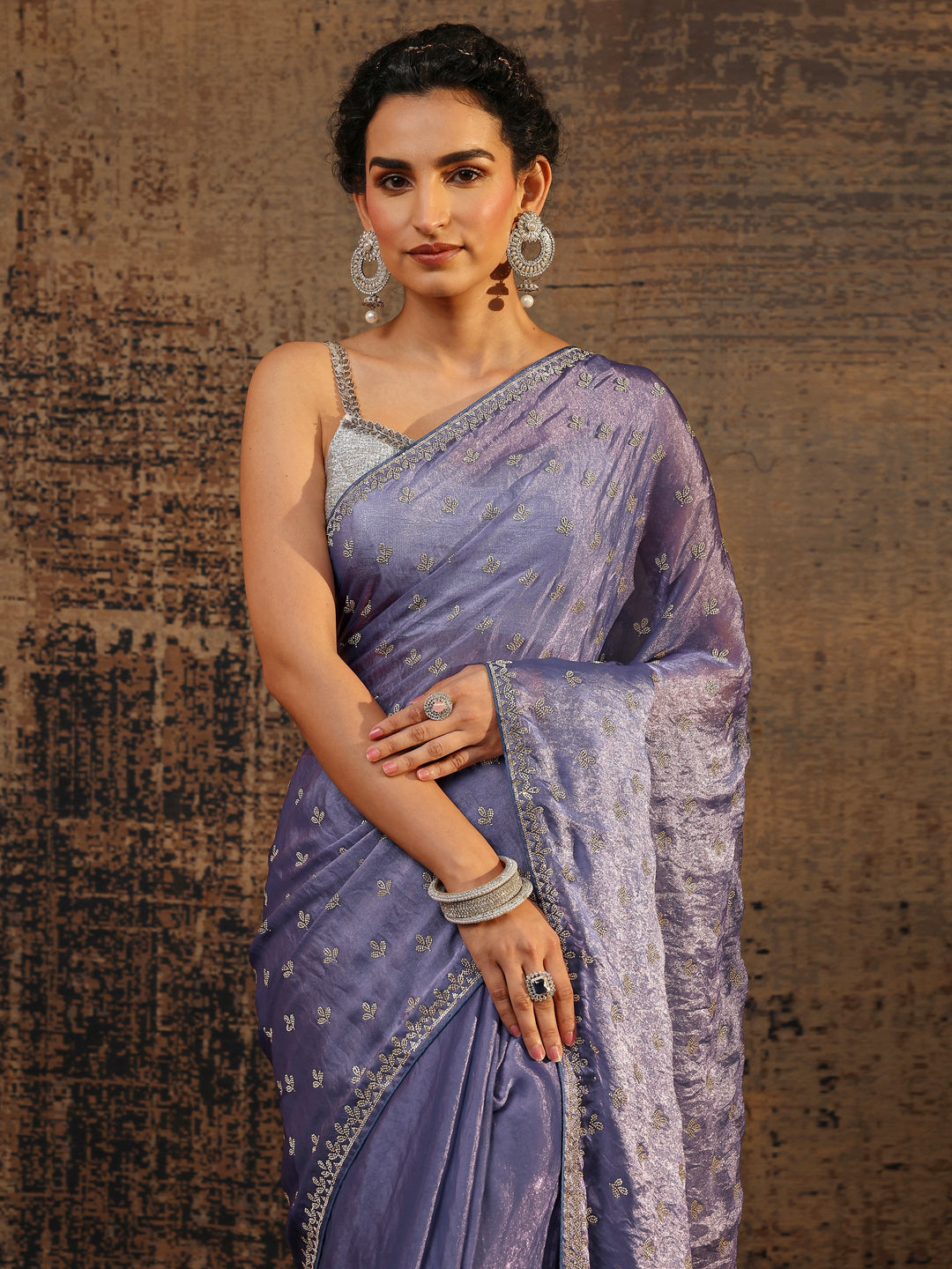 Lavender Floral Embellished Satin Saree With Unstitched Blouse Piece