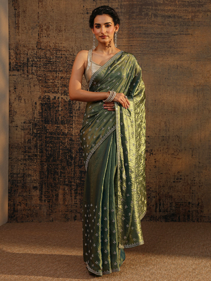 Green Floral Embellished Satin Saree With Unstitched Blouse Piece