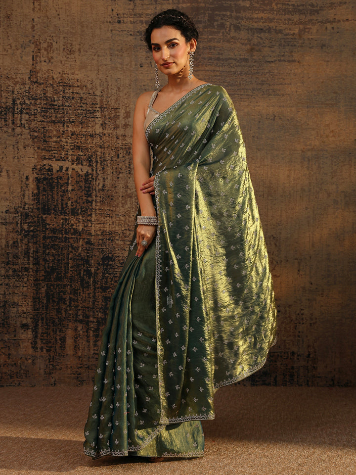 Green Floral Embellished Satin Saree With Unstitched Blouse Piece
