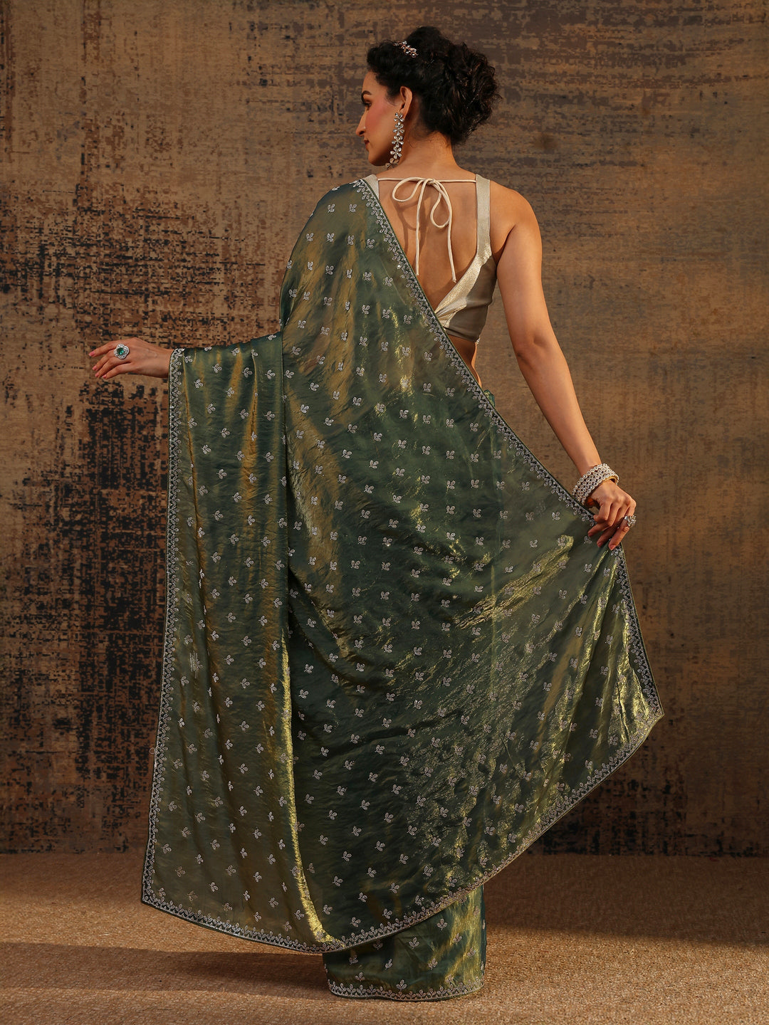 Green Floral Embellished Satin Saree With Unstitched Blouse Piece