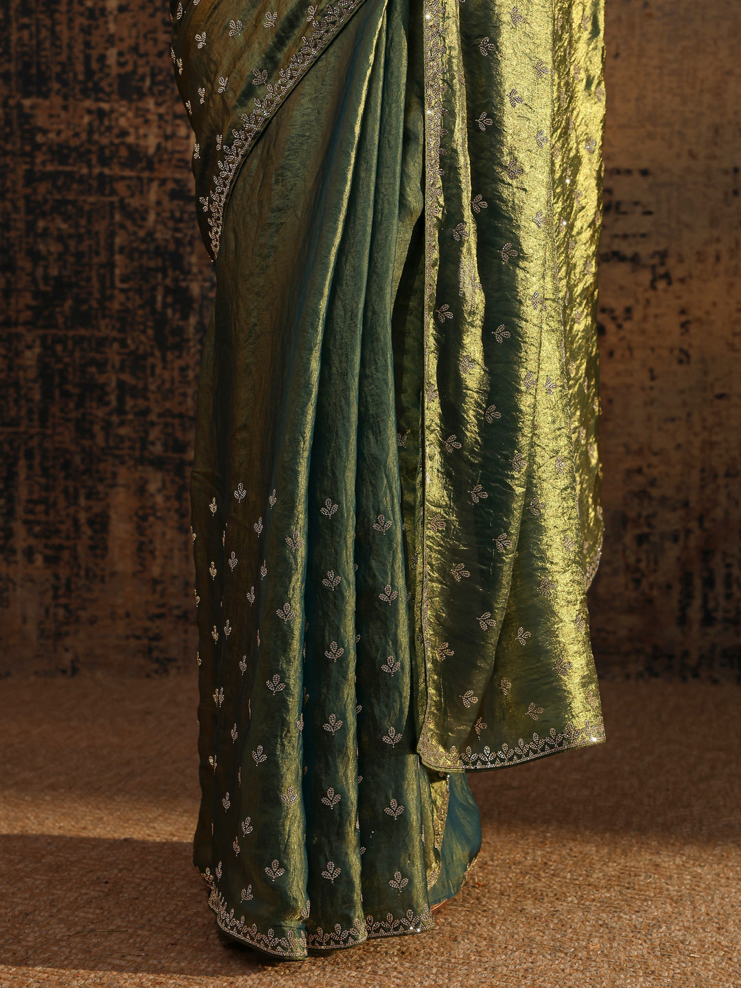 Green Floral Embellished Satin Saree With Unstitched Blouse Piece