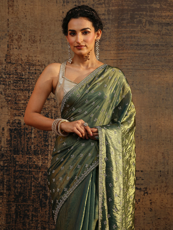 Green Floral Embellished Satin Saree With Unstitched Blouse Piece