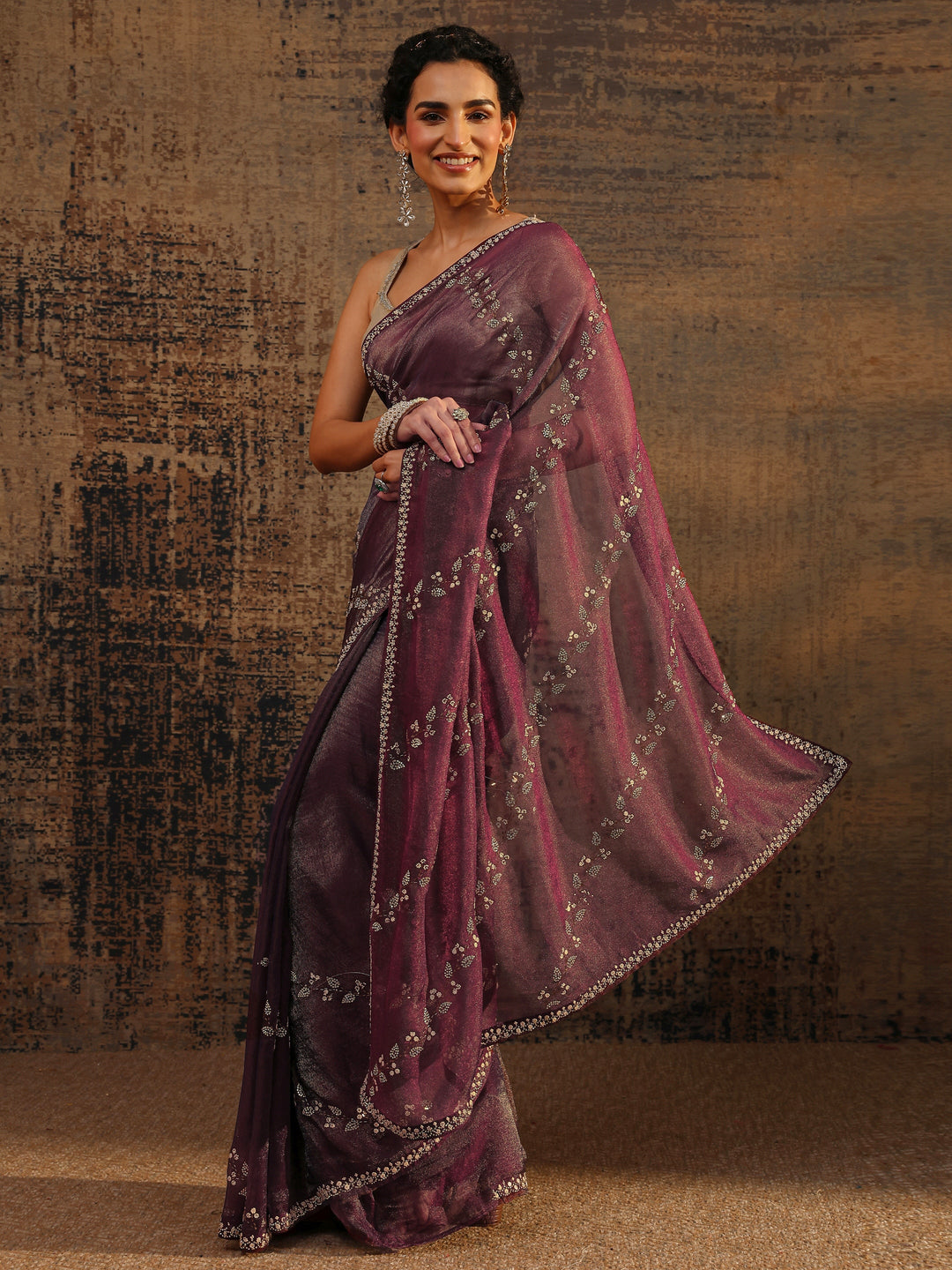 Burgundy Floral Embellished Tissue Saree With Unstitched Blouse Piece