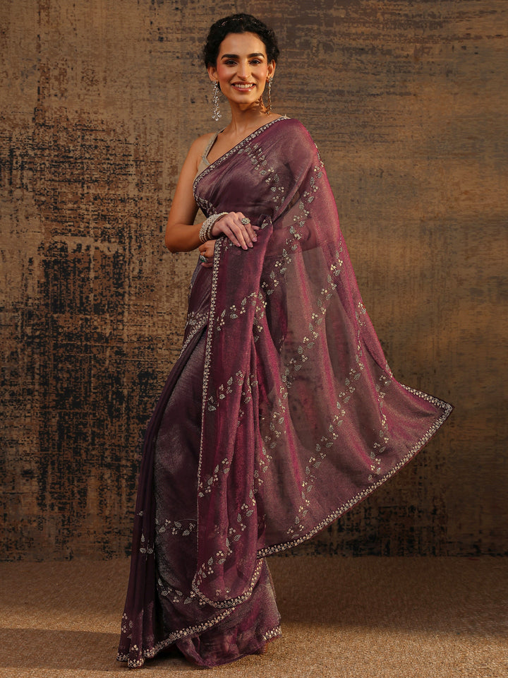 Burgundy Floral Embellished Tissue Saree With Unstitched Blouse Piece