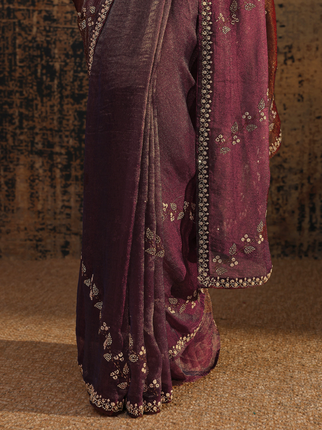 Burgundy Floral Embellished Tissue Saree With Unstitched Blouse Piece