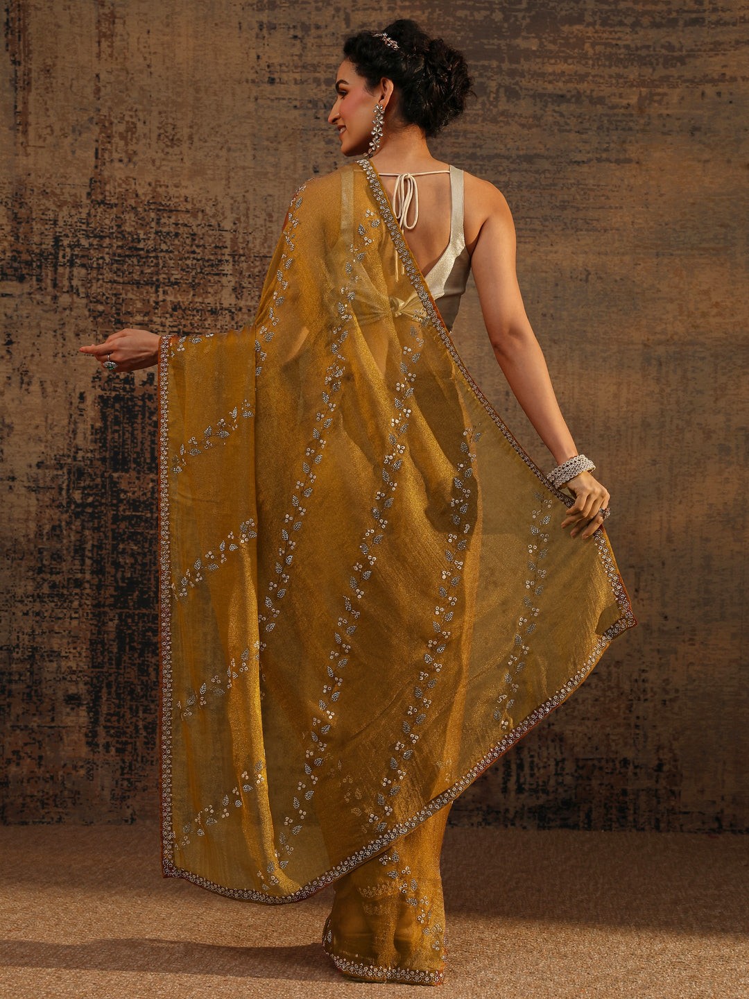 Mustard Floral Embellished Tissue Saree With Unstitched Blouse Piece
