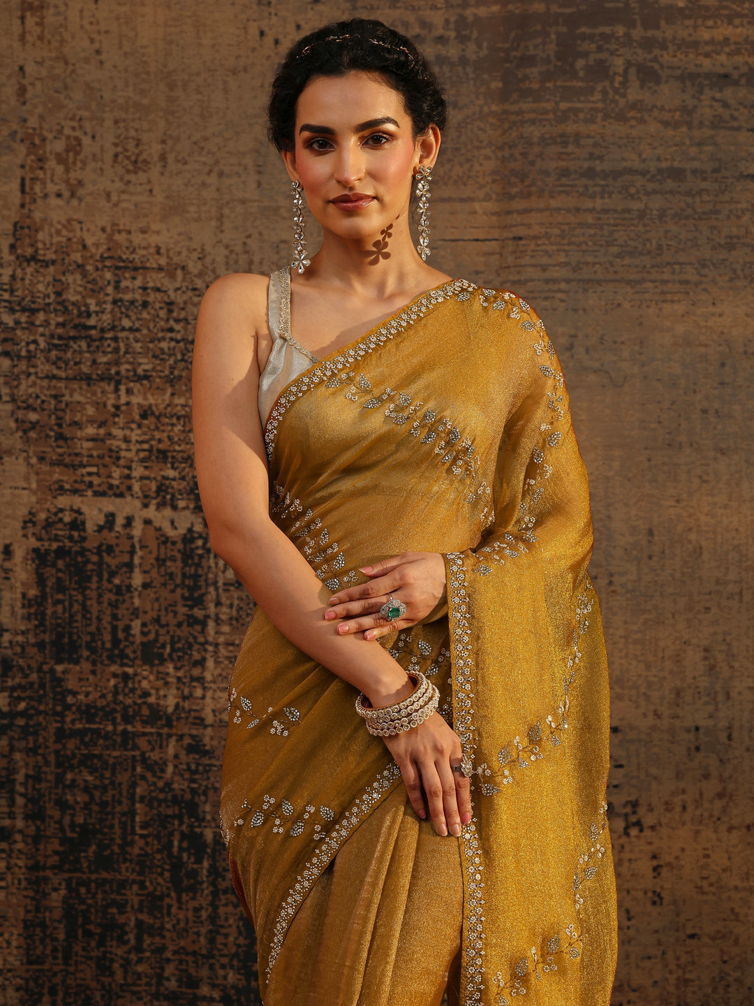 Mustard Floral Embellished Tissue Saree With Unstitched Blouse Piece