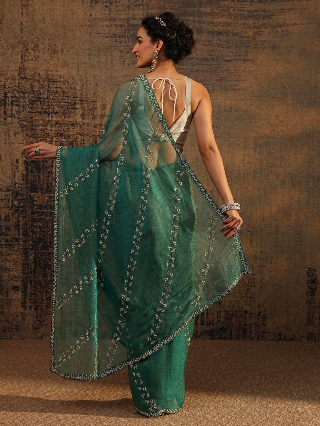 Green Floral Embellished Tissue Saree With Unstitched Blouse Piece
