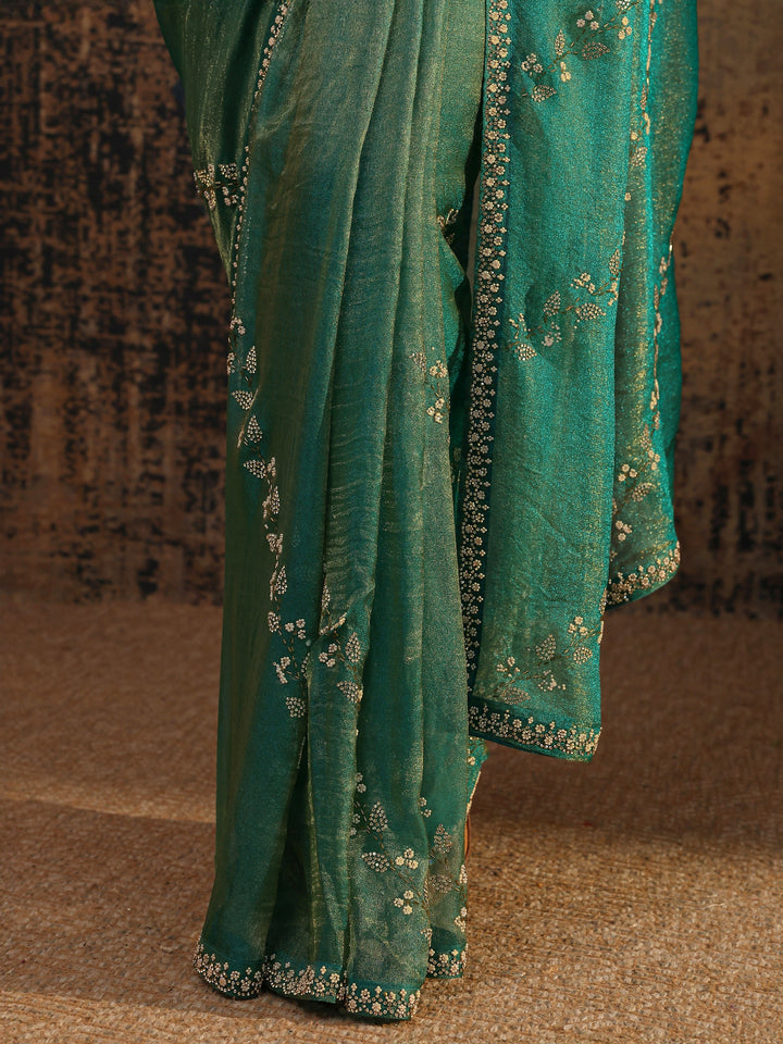 Green Floral Embellished Tissue Saree With Unstitched Blouse Piece