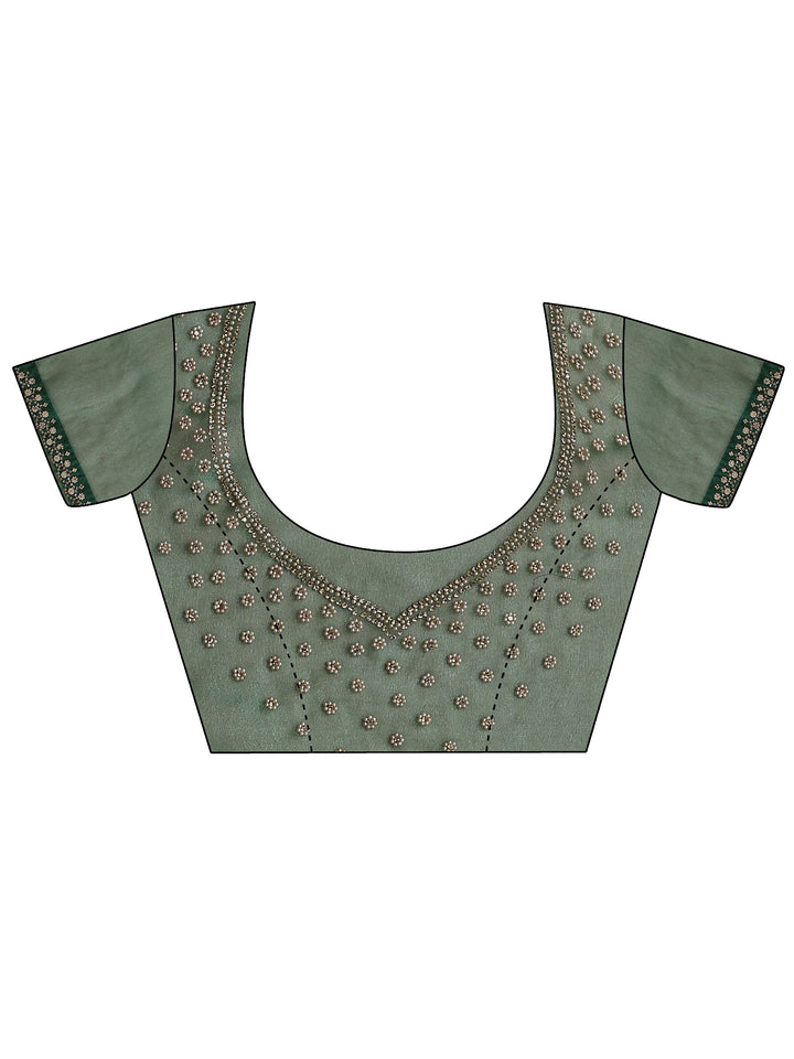 Green Floral Embellished Tissue Saree With Unstitched Blouse Piece