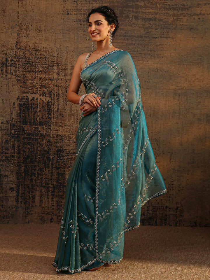 Blue Floral Embellished Tissue Saree With Unstitched Blouse Piece