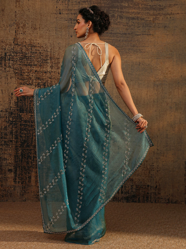 Blue Floral Embellished Tissue Saree With Unstitched Blouse Piece