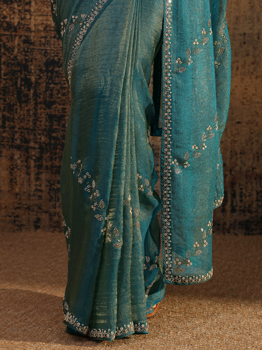 Blue Floral Embellished Tissue Saree With Unstitched Blouse Piece