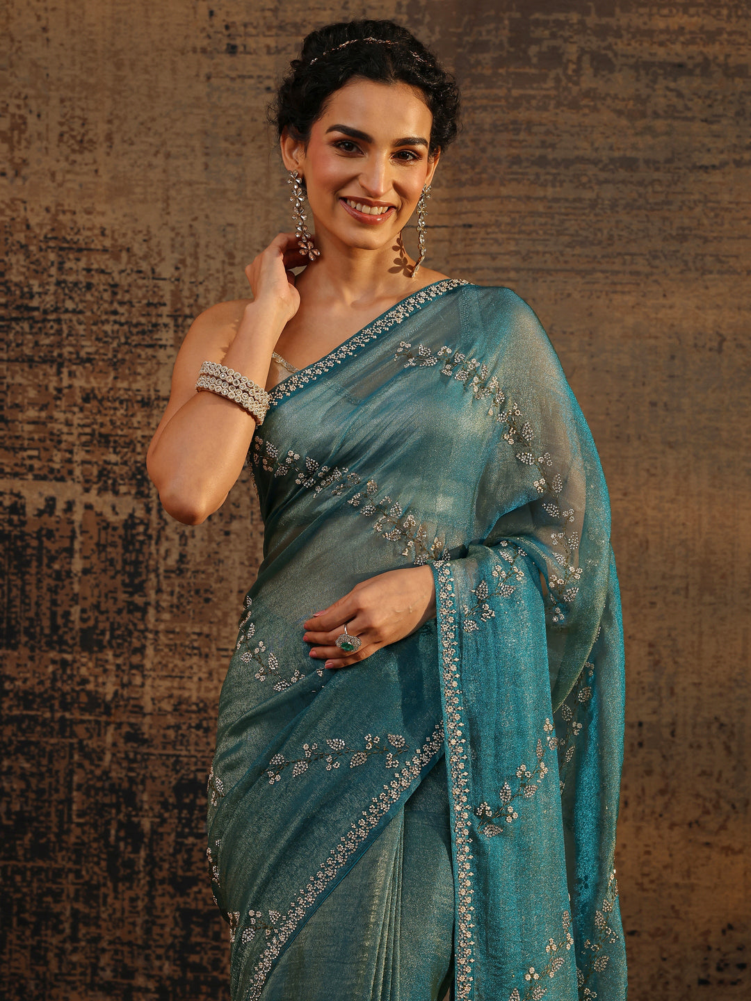 Blue Floral Embellished Tissue Saree With Unstitched Blouse Piece