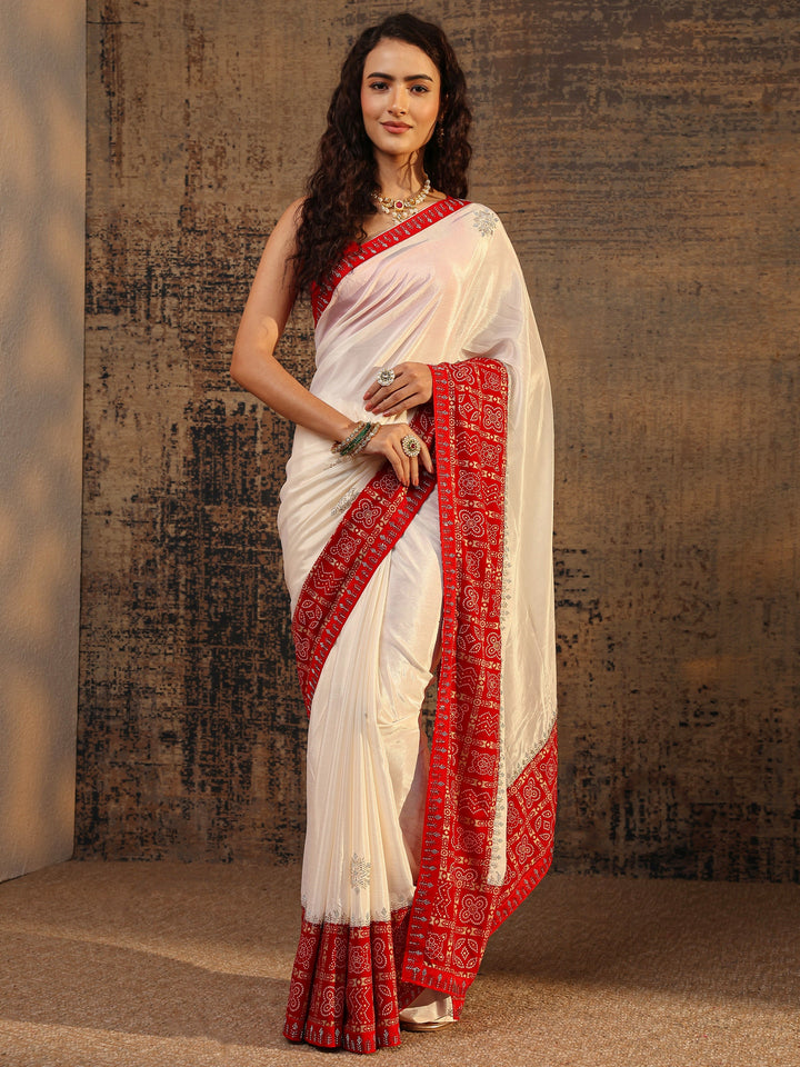 Cream Bandhani Embellished Silk Blend Saree With Unstitched Blouse Piece
