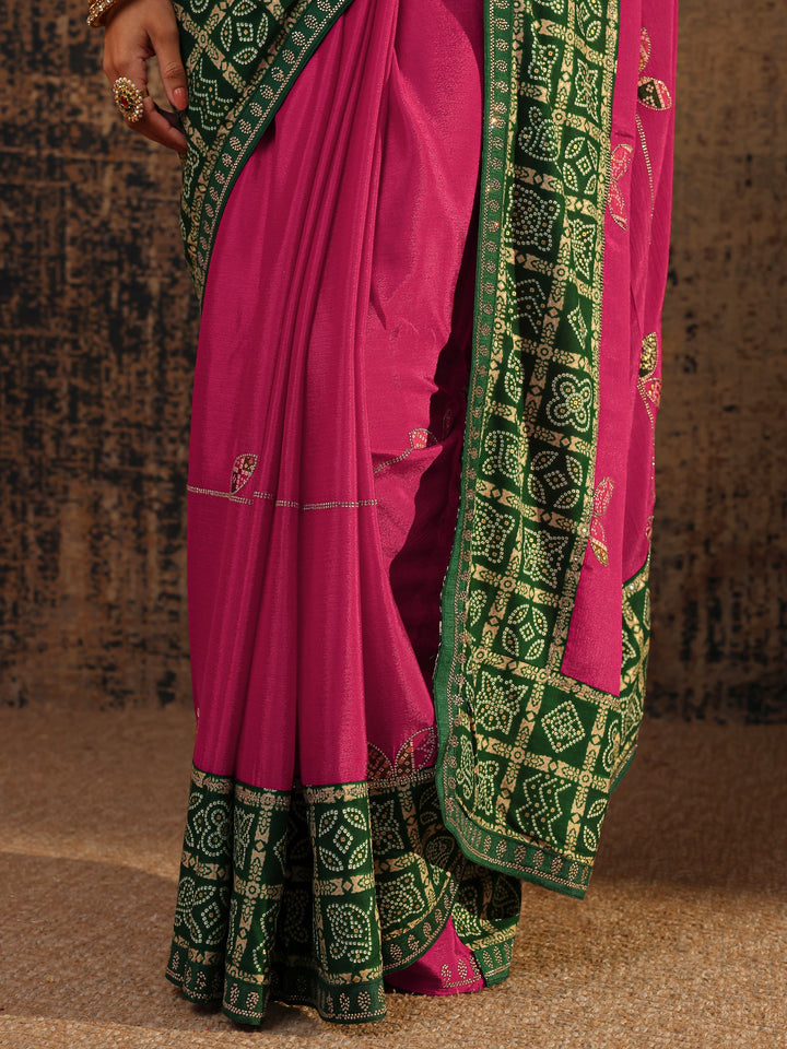 Pink Bandhani Embellished Silk Blend Saree With Unstitched Blouse Piece