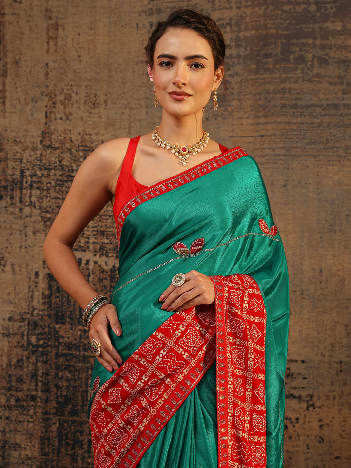 Green Bandhani Embellished Silk Blend Saree With Unstitched Blouse Piece