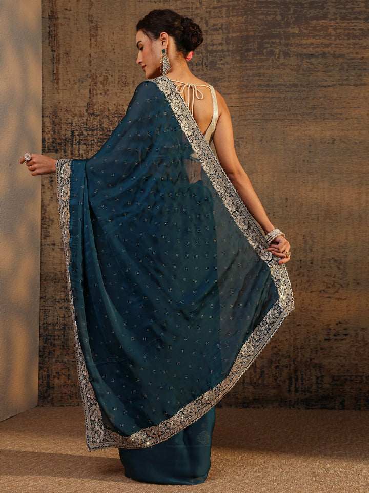 Navy Blue Embellished Silk Blend Saree With Unstitched Blouse Piece