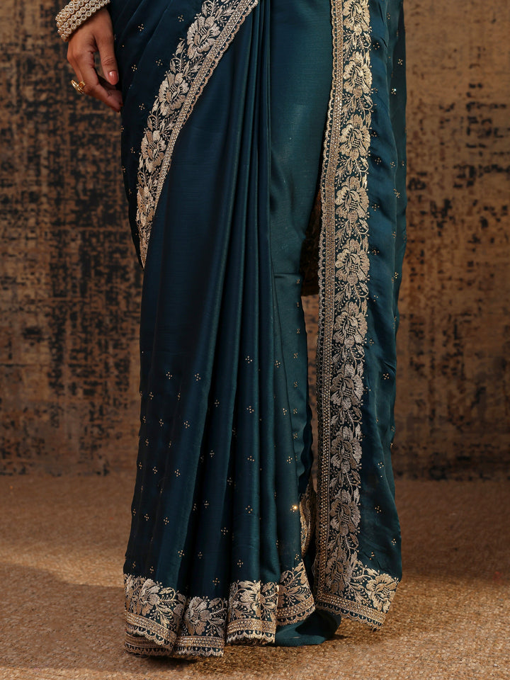 Navy Blue Embellished Silk Blend Saree With Unstitched Blouse Piece
