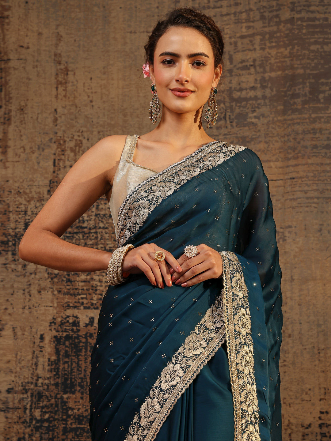 Navy Blue Embellished Silk Blend Saree With Unstitched Blouse Piece