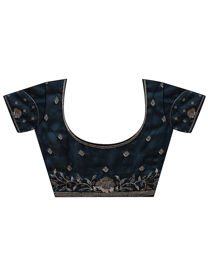 Navy Blue Embellished Silk Blend Saree With Unstitched Blouse Piece
