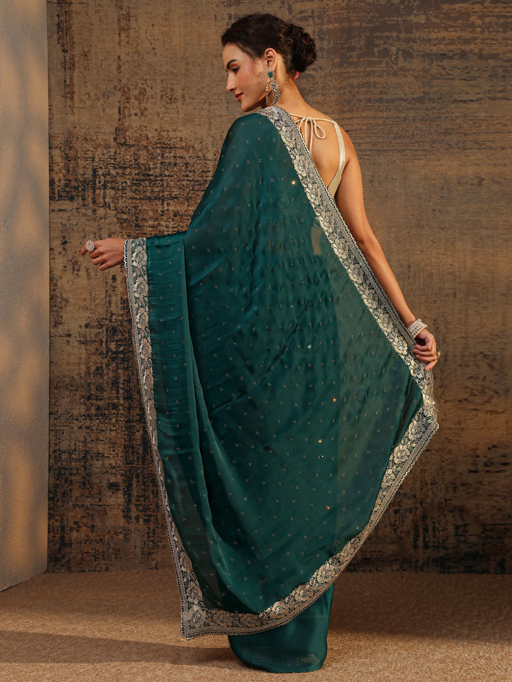 Green Embellished Silk Blend Saree With Unstitched Blouse Piece