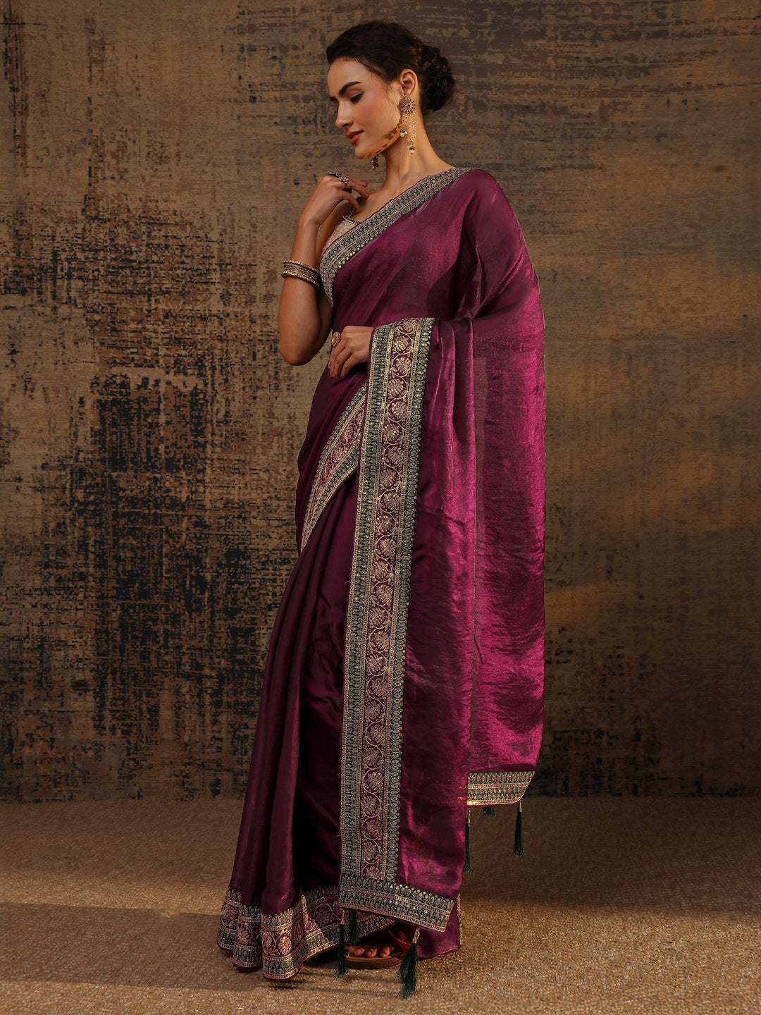 Burgundy Solid Tissue Saree With Unstitched Blouse Piece