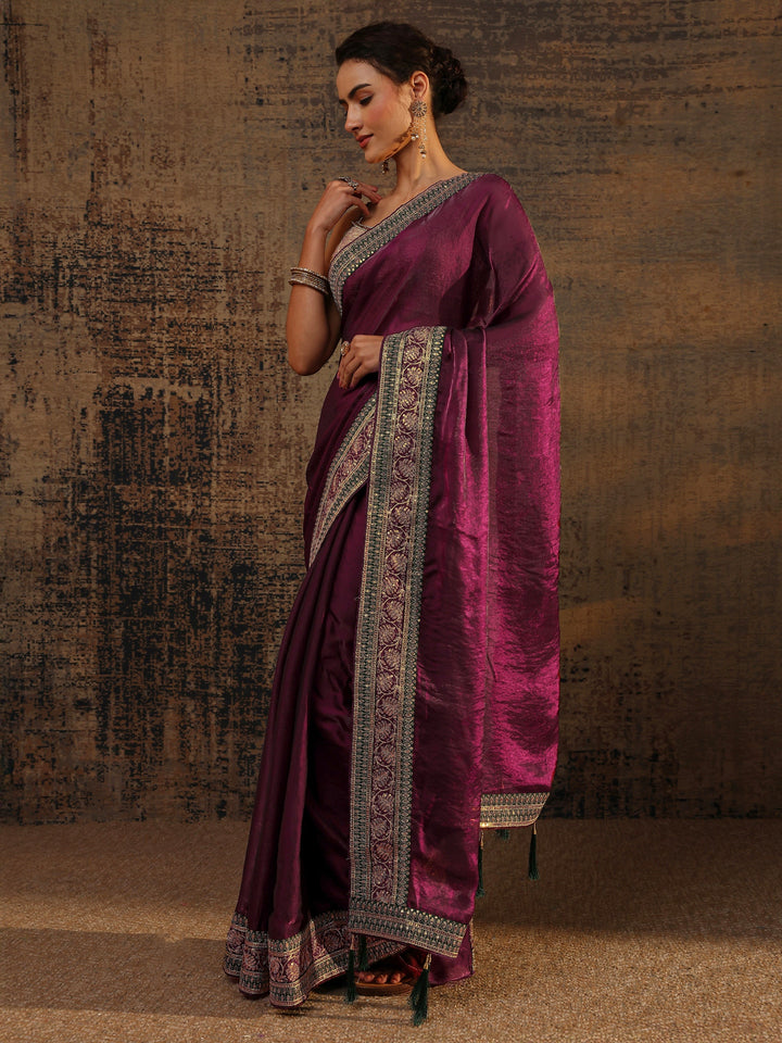 Burgundy Solid Tissue Saree With Unstitched Blouse Piece