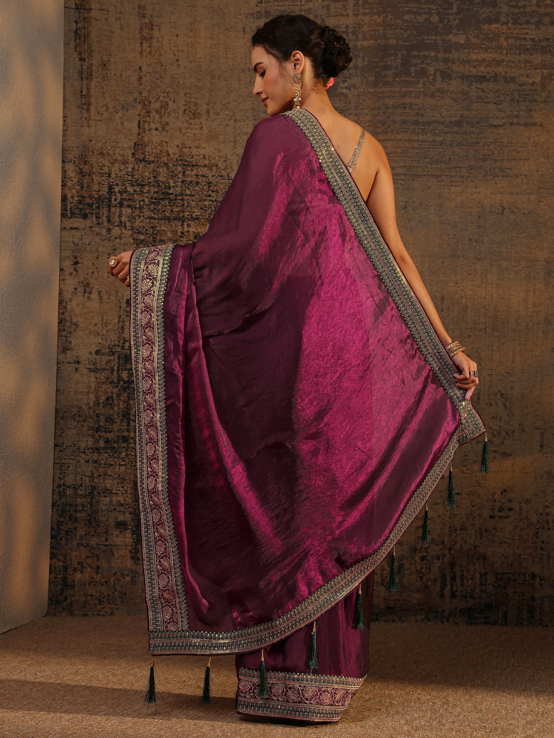 Burgundy Solid Tissue Saree With Unstitched Blouse Piece