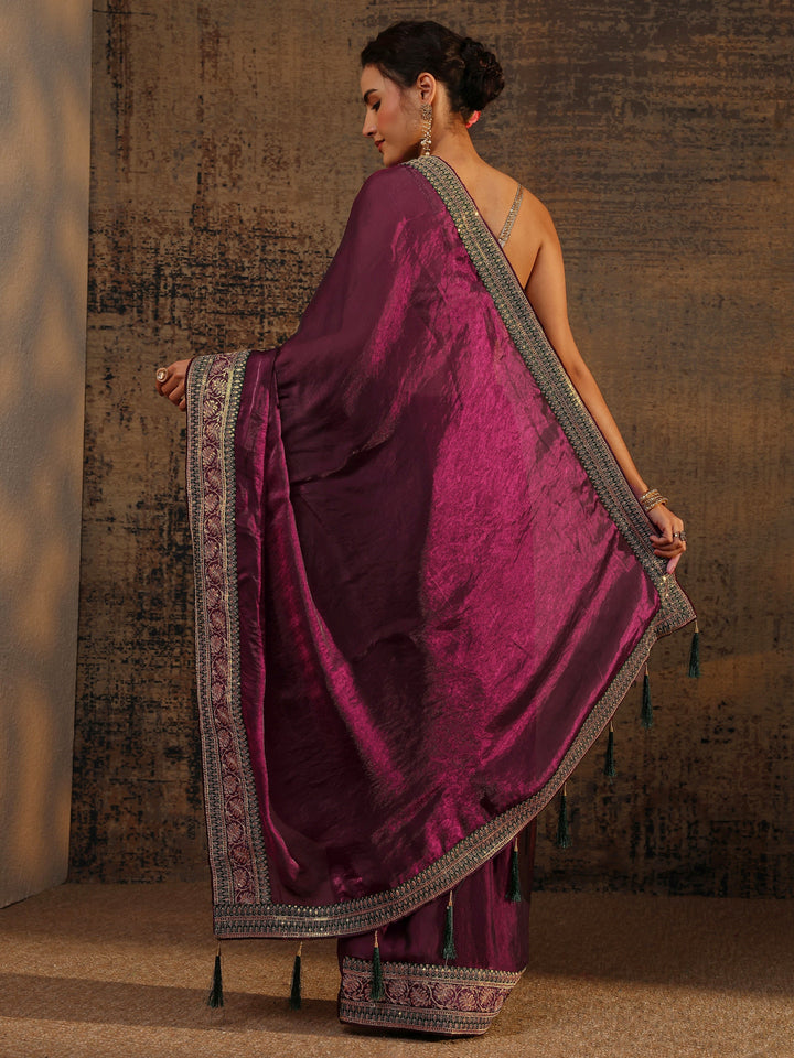 Burgundy Solid Tissue Saree With Unstitched Blouse Piece